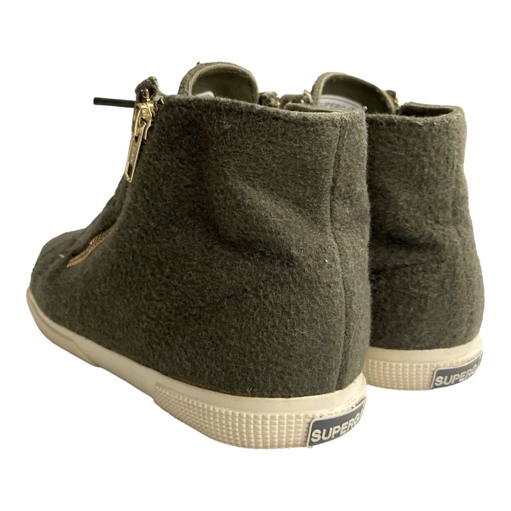 Superga Olive Wool Felt High Top Sneakers zipper, laces size 37 1/2 = 7 US